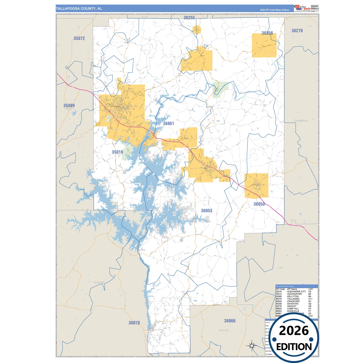 Tallapoosa County, AL Business Reference 5 Digit ZIP Code Wall Map
