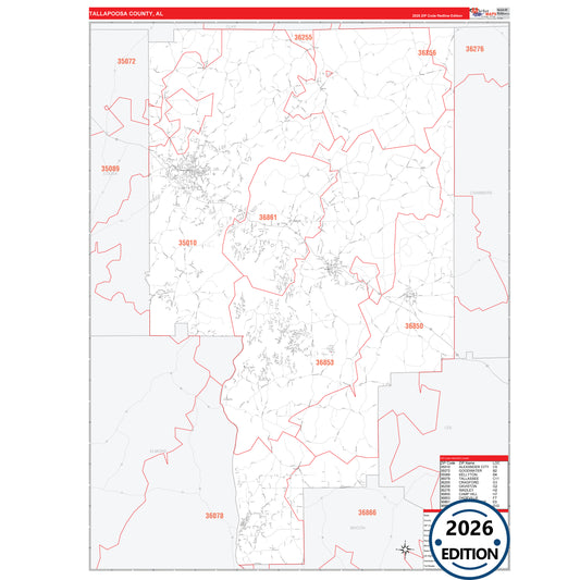 Tallapoosa County, AL Red Line 5 Digit ZIP Code Wall Map