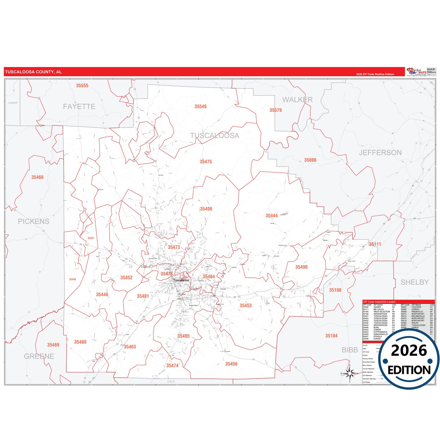 Tuscaloosa County, AL Red Line 5 Digit ZIP Code Wall Map