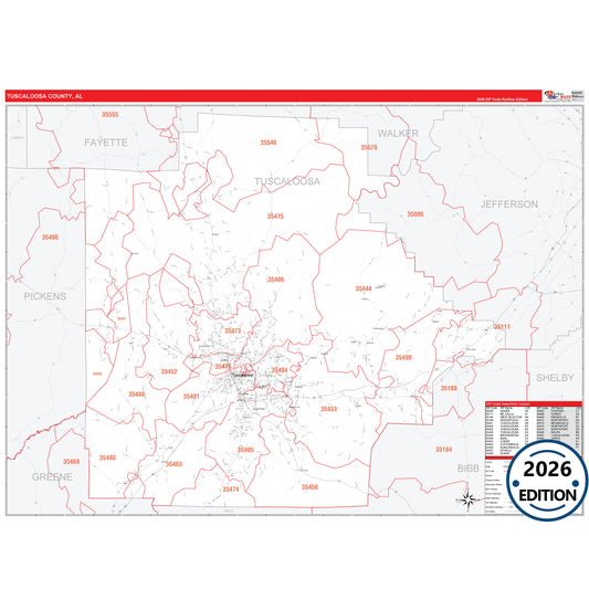 Tuscaloosa County, AL Red Line 5 Digit ZIP Code Wall Map
