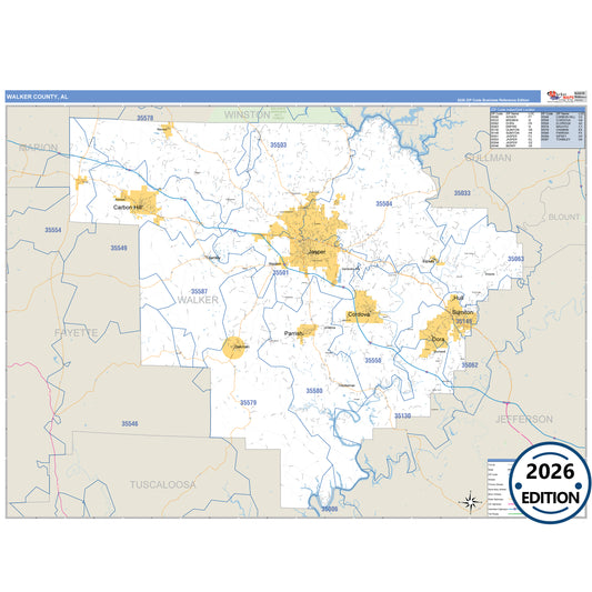 Walker County, AL Business Reference 5 Digit ZIP Code Wall Map