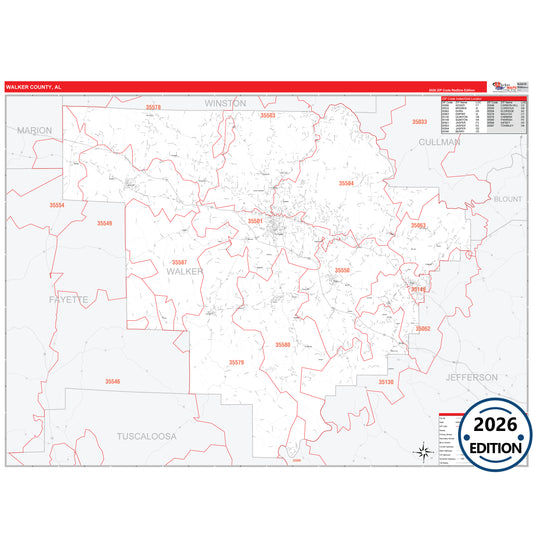 Walker County, AL Red Line 5 Digit ZIP Code Wall Map