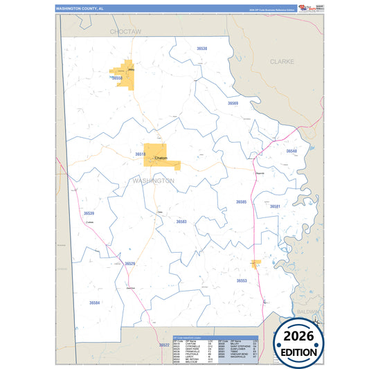Washington County, AL Business Reference 5 Digit ZIP Code Wall Map