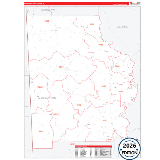 Washington County, AL Red Line 5 Digit ZIP Code Wall Map