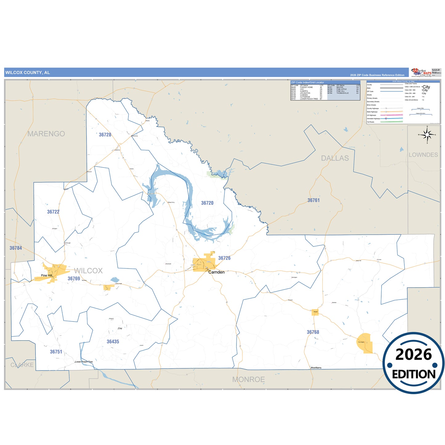 Wilcox County, AL Business Reference 5 Digit ZIP Code Wall Map