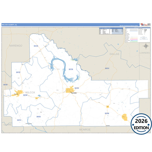 Wilcox County, AL Business Reference 5 Digit ZIP Code Wall Map
