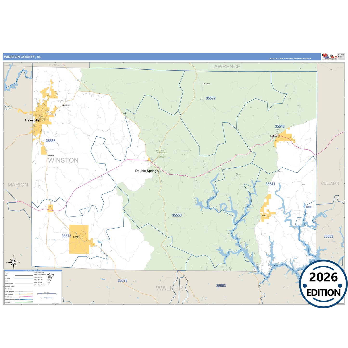 Winston County, AL Business Reference 5 Digit ZIP Code Wall Map