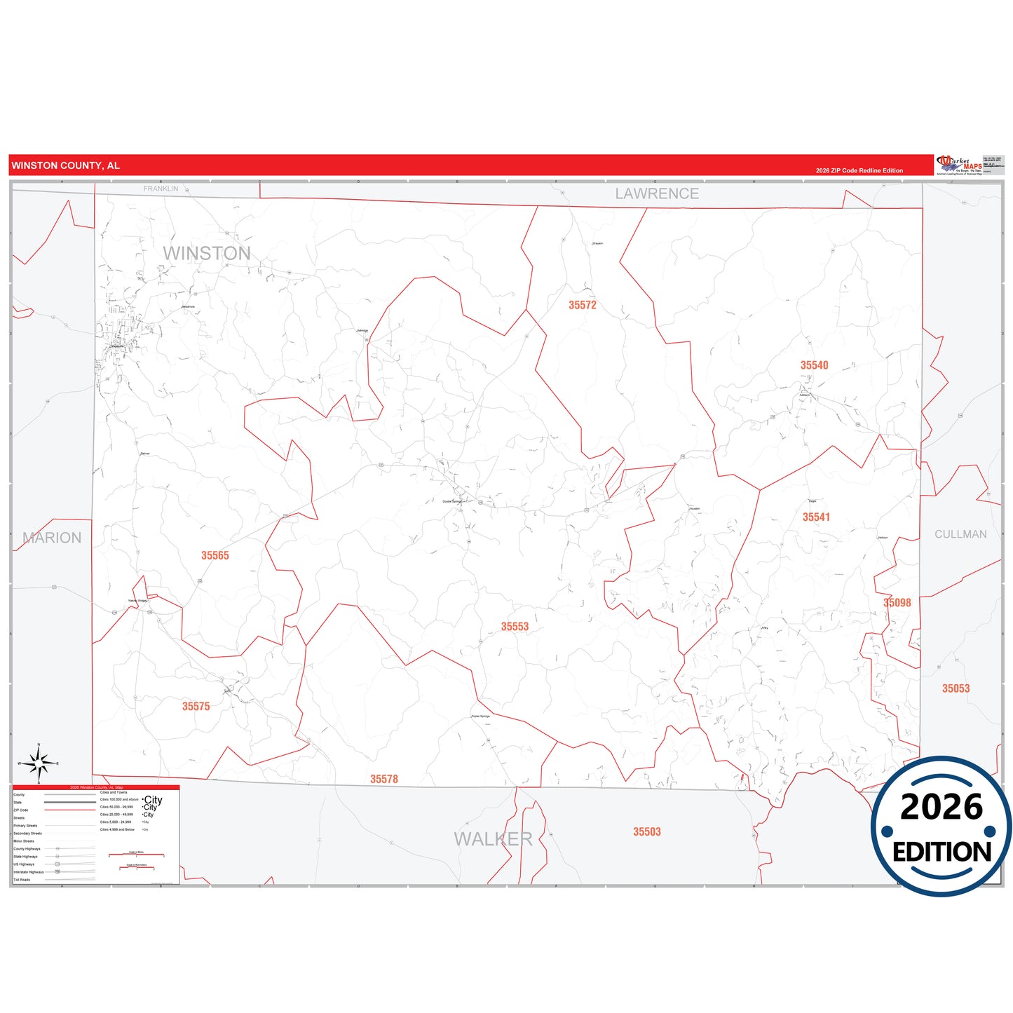 Winston County, AL Red Line 5 Digit ZIP Code Wall Map