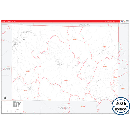Winston County, AL Red Line 5 Digit ZIP Code Wall Map