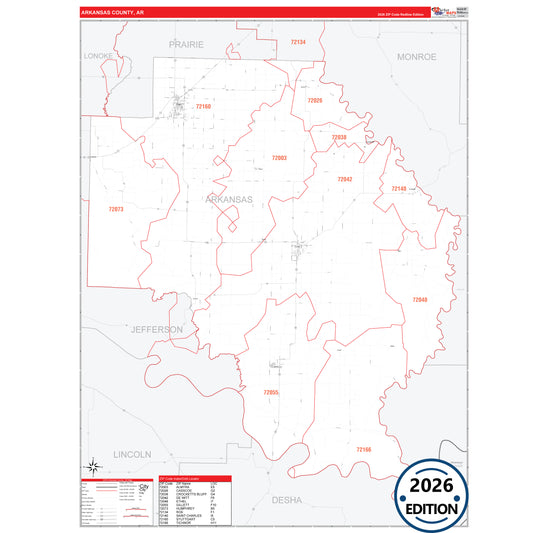 Arkansas County, AR Red Line 5 Digit ZIP Code Wall Map