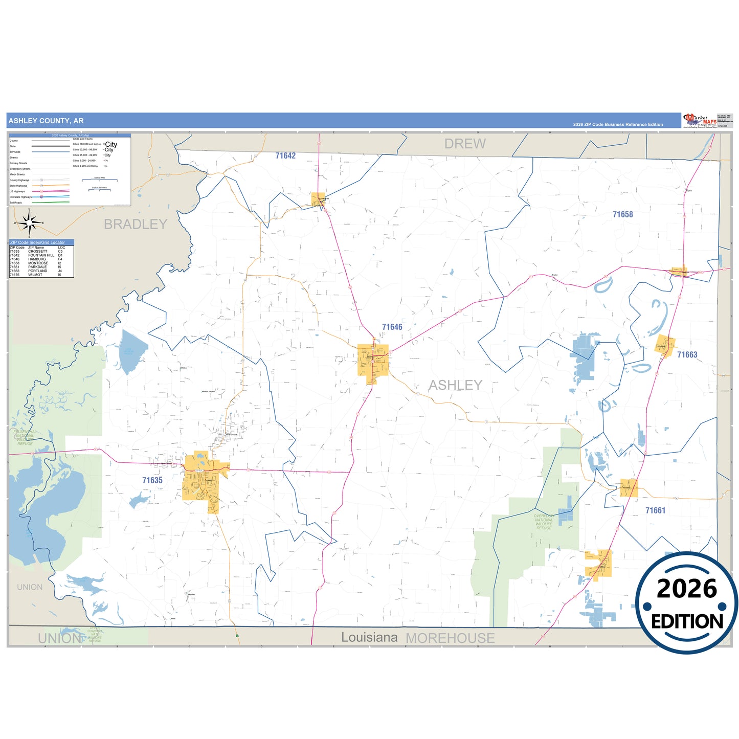 Ashley County, AR Business Reference 5 Digit ZIP Code Wall Map