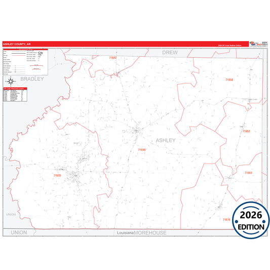Ashley County, AR Red Line 5 Digit ZIP Code Wall Map