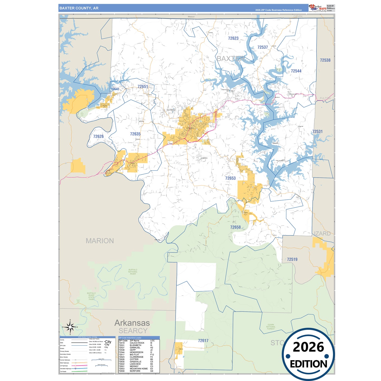 Baxter County, AR Business Reference 5 Digit ZIP Code Wall Map
