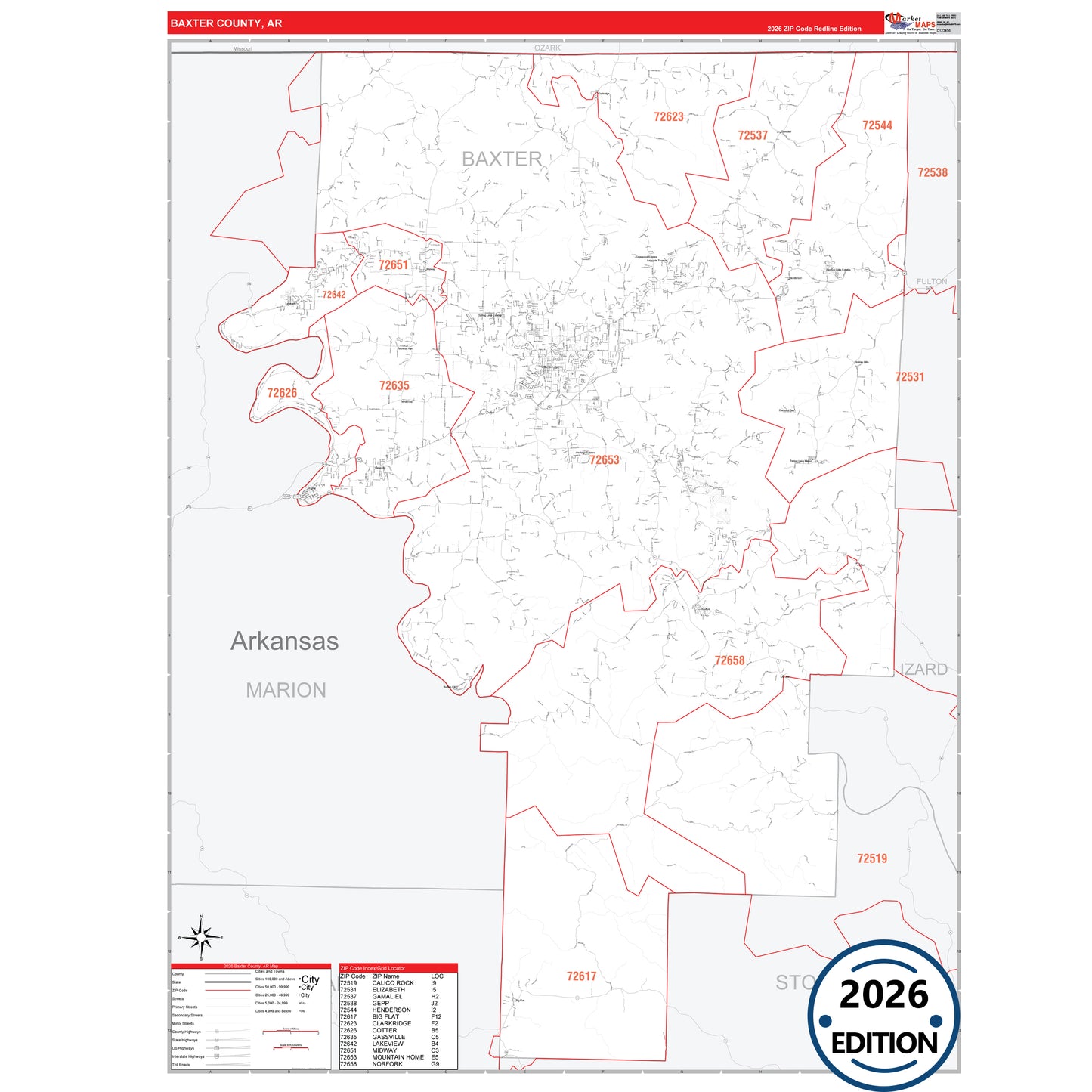 Baxter County, AR Red Line 5 Digit ZIP Code Wall Map