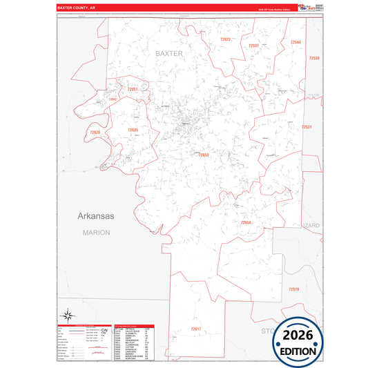 Baxter County, AR Red Line 5 Digit ZIP Code Wall Map