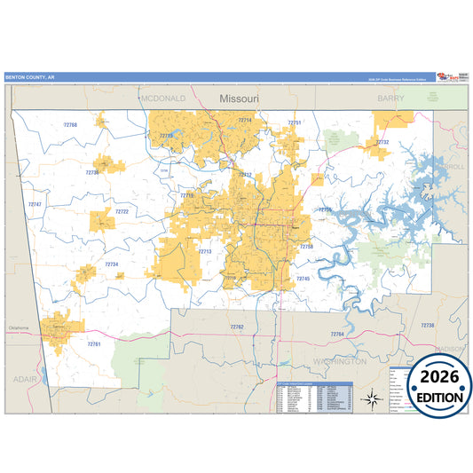 Benton County, AR Business Reference 5 Digit ZIP Code Wall Map