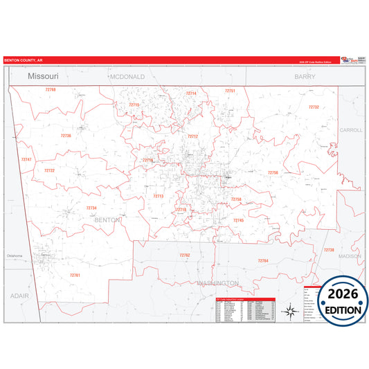 Benton County, AR Red Line 5 Digit ZIP Code Wall Map