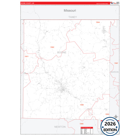 Boone County, AR Red Line 5 Digit ZIP Code Wall Map