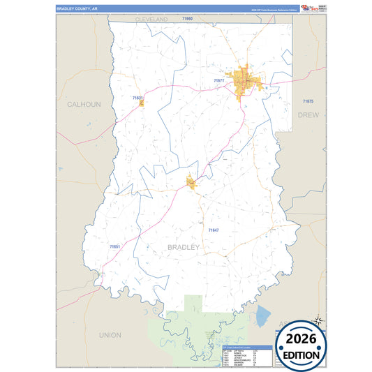 Bradley County, AR Business Reference 5 Digit ZIP Code Wall Map