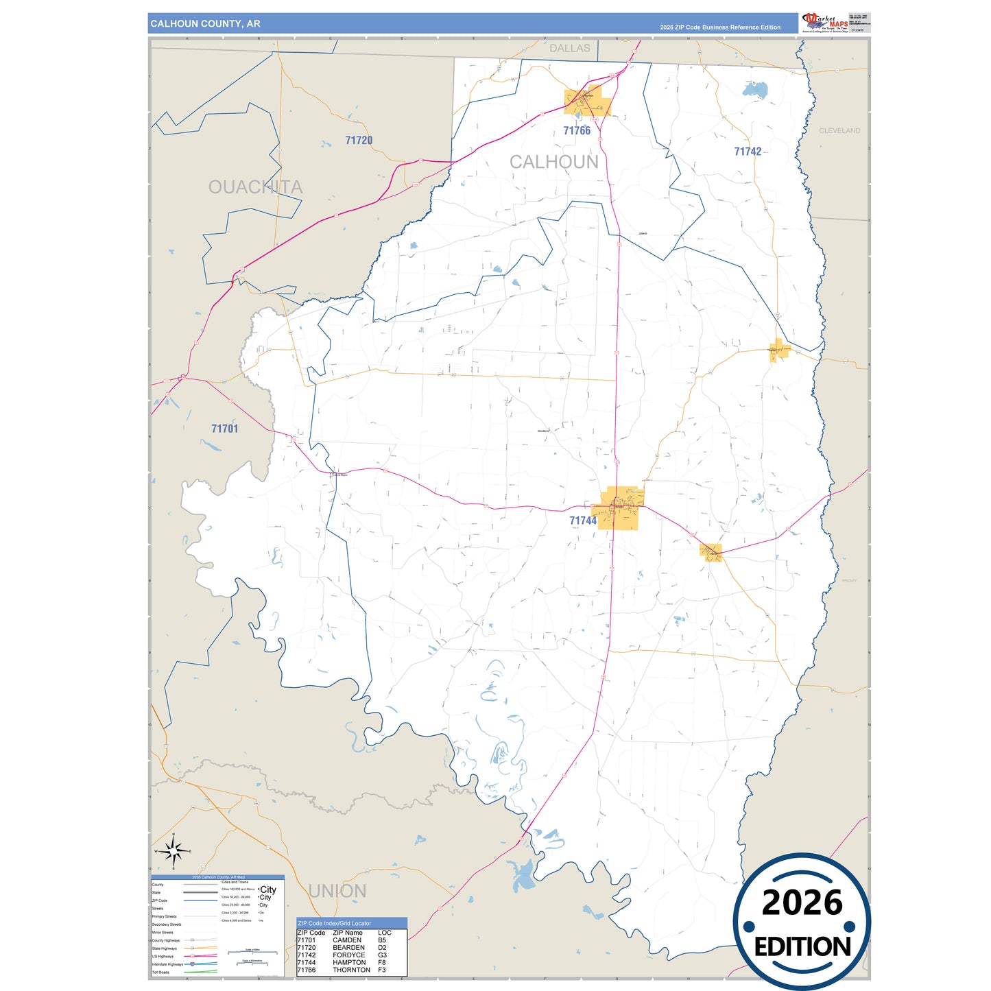 Calhoun County, AR Business Reference 5 Digit ZIP Code Wall Map