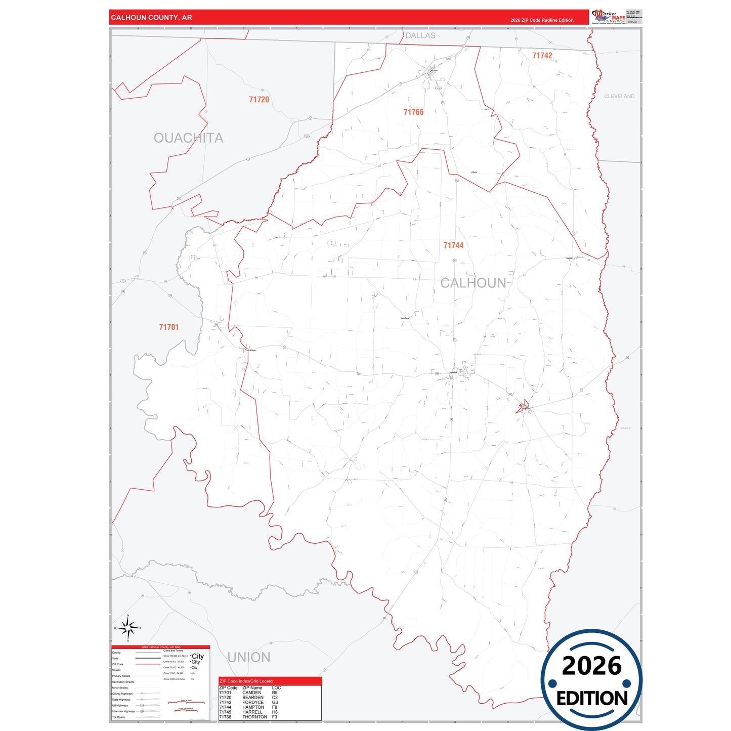 Calhoun County, AR Red Line 5 Digit ZIP Code Wall Map