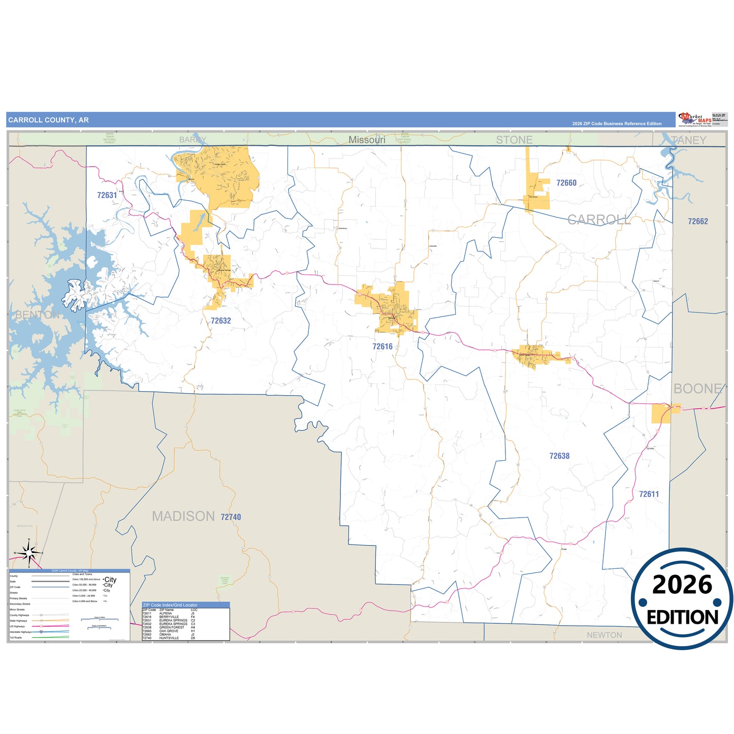 Carroll County, AR Business Reference 5 Digit ZIP Code Wall Map