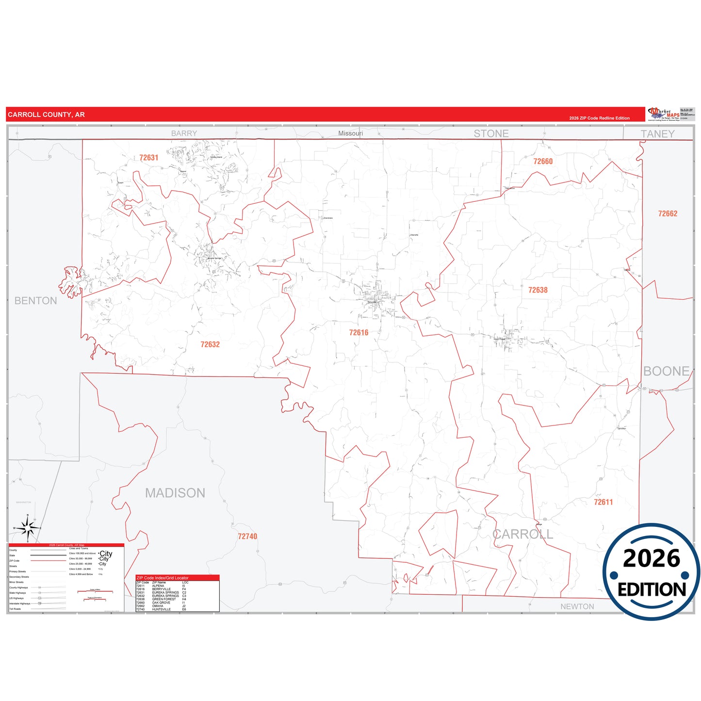 Carroll County, AR Red Line 5 Digit ZIP Code Wall Map