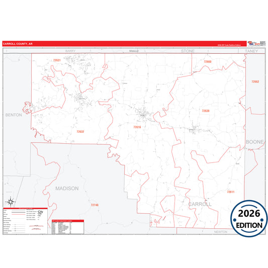 Carroll County, AR Red Line 5 Digit ZIP Code Wall Map