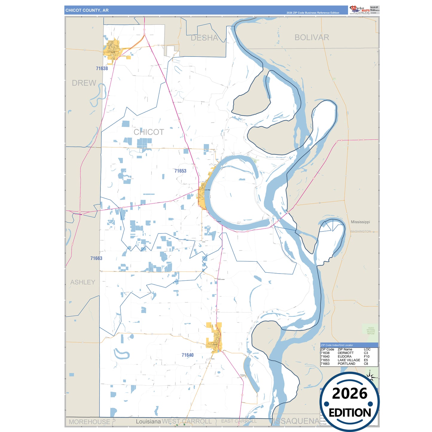 Chicot County, AR Business Reference 5 Digit ZIP Code Wall Map