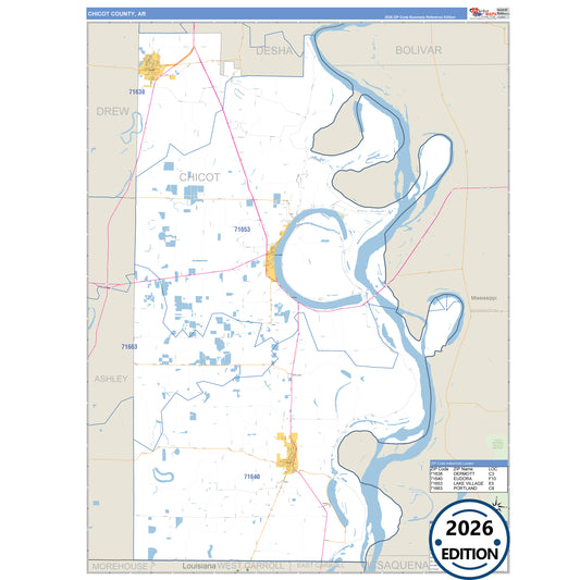 Chicot County, AR Business Reference 5 Digit ZIP Code Wall Map