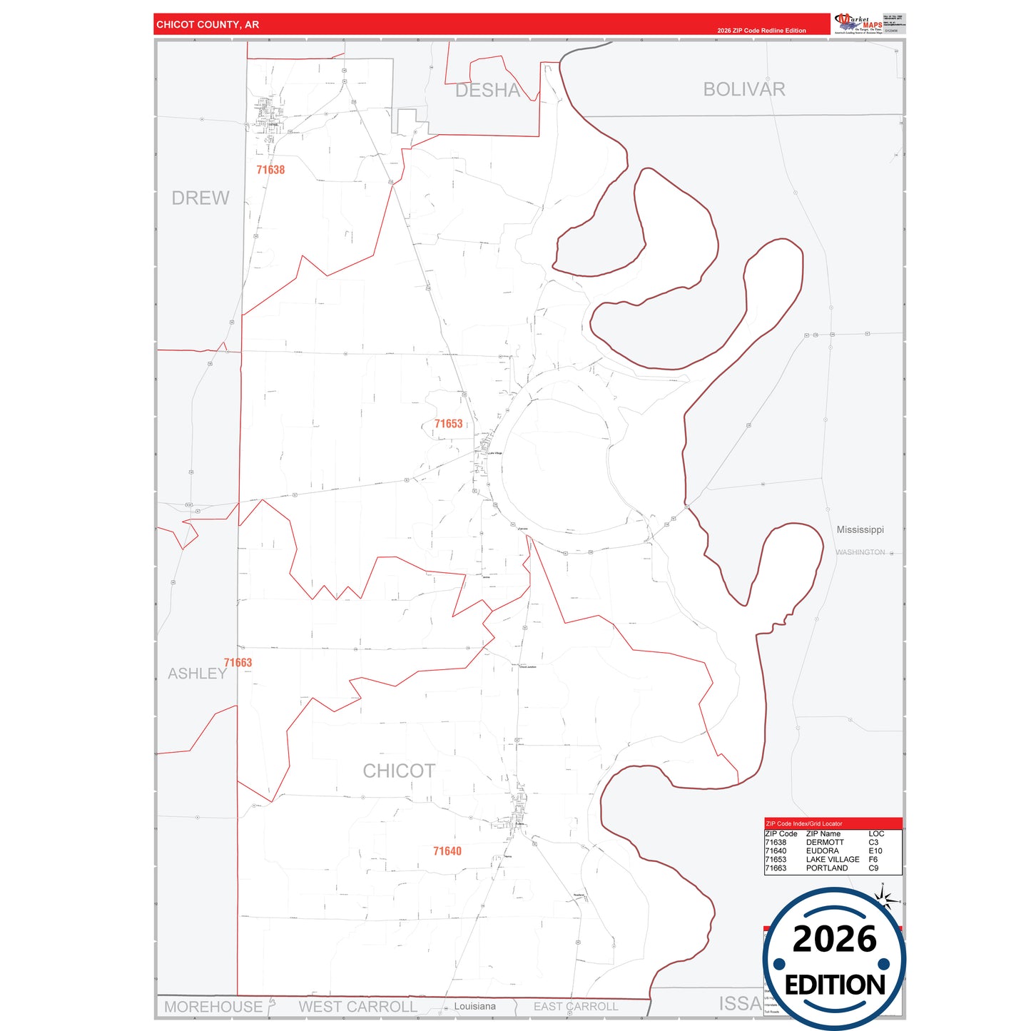 Chicot County, AR Red Line 5 Digit ZIP Code Wall Map