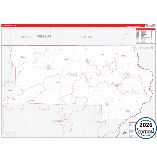 Clay County, AR Red Line 5 Digit ZIP Code Wall Map