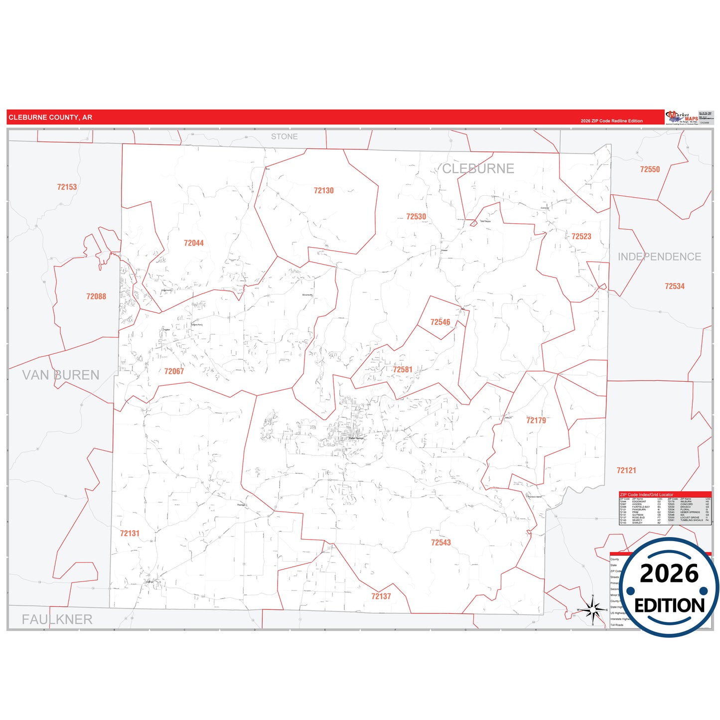 Cleburne County, AR Red Line 5 Digit ZIP Code Wall Map