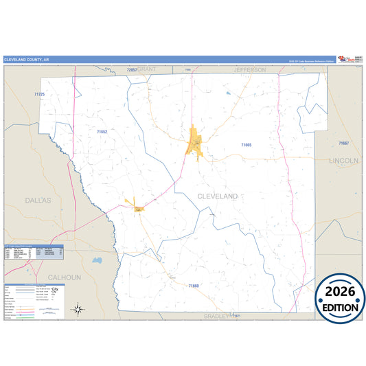 Cleveland County, AR Business Reference 5 Digit ZIP Code Wall Map