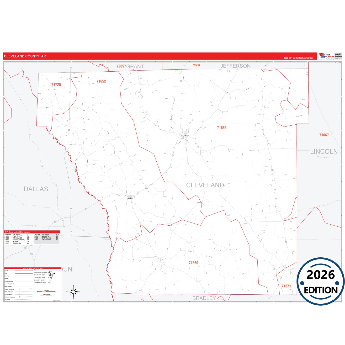 Cleveland County, AR Red Line 5 Digit ZIP Code Wall Map