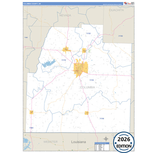 Columbia County, AR Business Reference 5 Digit ZIP Code Wall Map