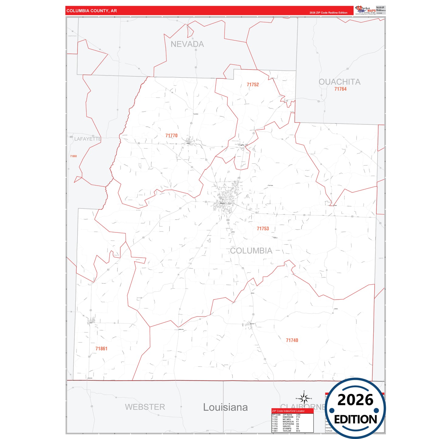 Columbia County, AR Red Line 5 Digit ZIP Code Wall Map