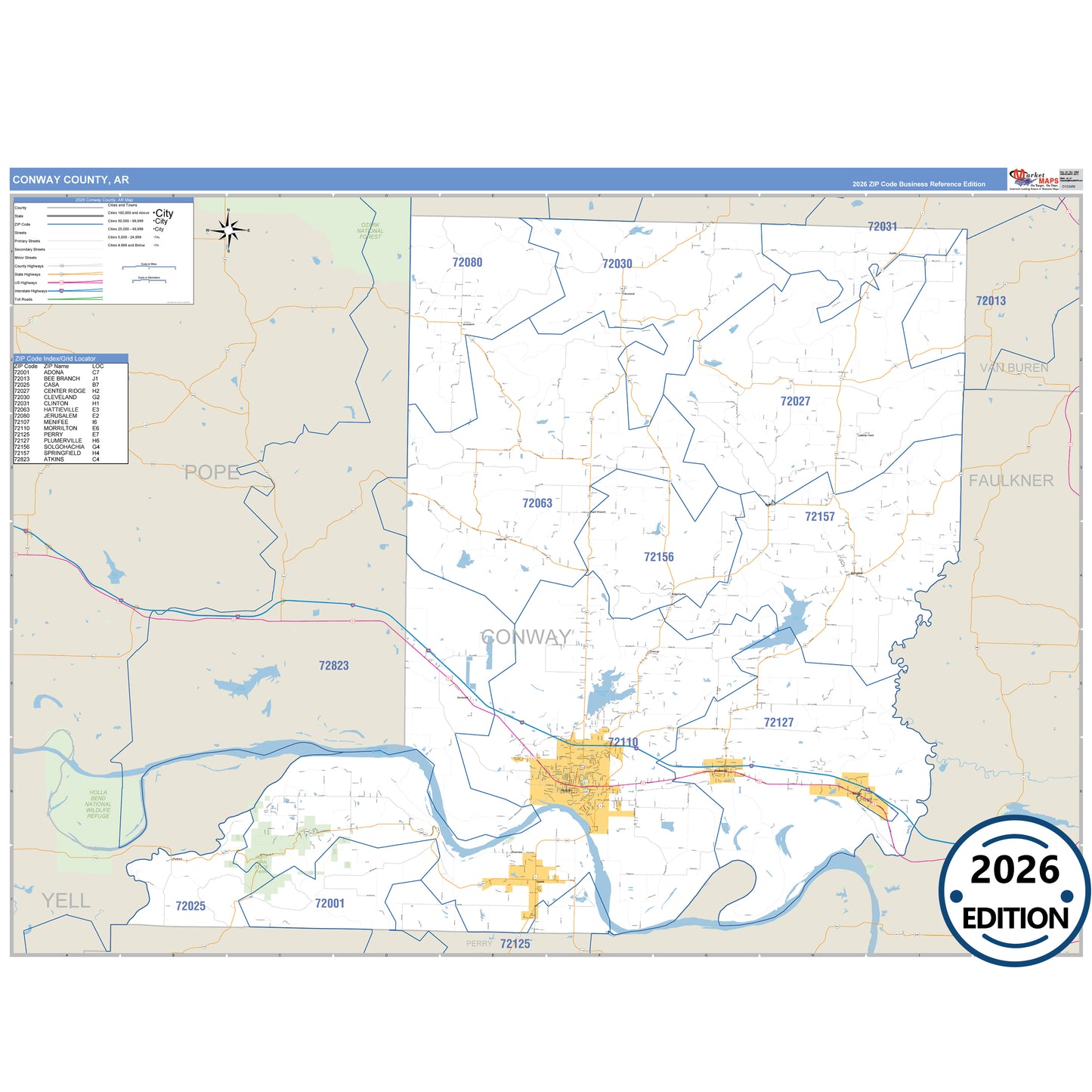 Conway County, AR Business Reference 5 Digit ZIP Code Wall Map