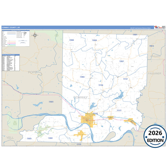 Conway County, AR Business Reference 5 Digit ZIP Code Wall Map