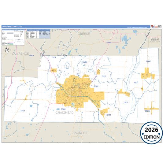 Craighead County, AR Business Reference 5 Digit ZIP Code Wall Map