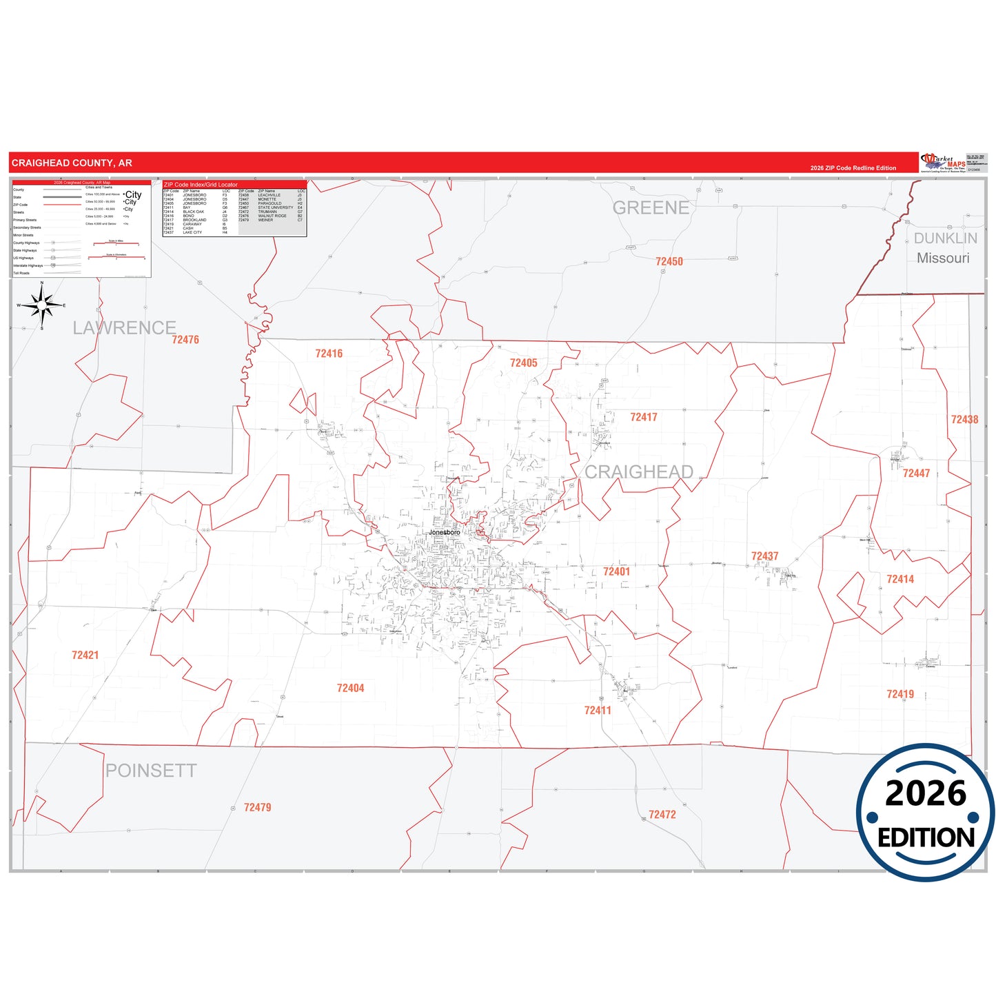 Craighead County, AR Red Line 5 Digit ZIP Code Wall Map