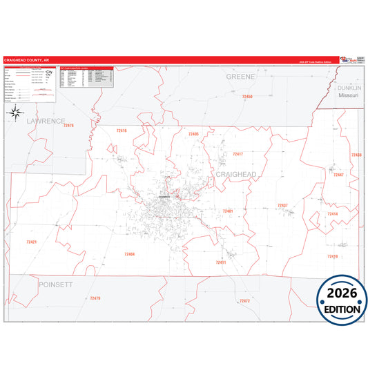 Craighead County, AR Red Line 5 Digit ZIP Code Wall Map