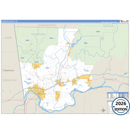 Crawford County, AR Business Reference 5 Digit ZIP Code Wall Map