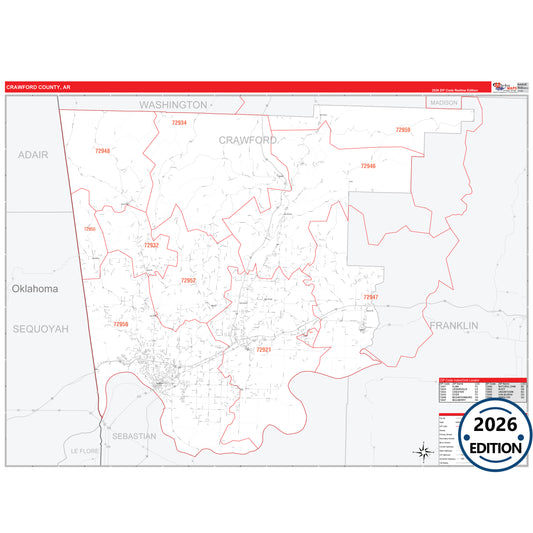 Crawford County, AR Red Line 5 Digit ZIP Code Wall Map