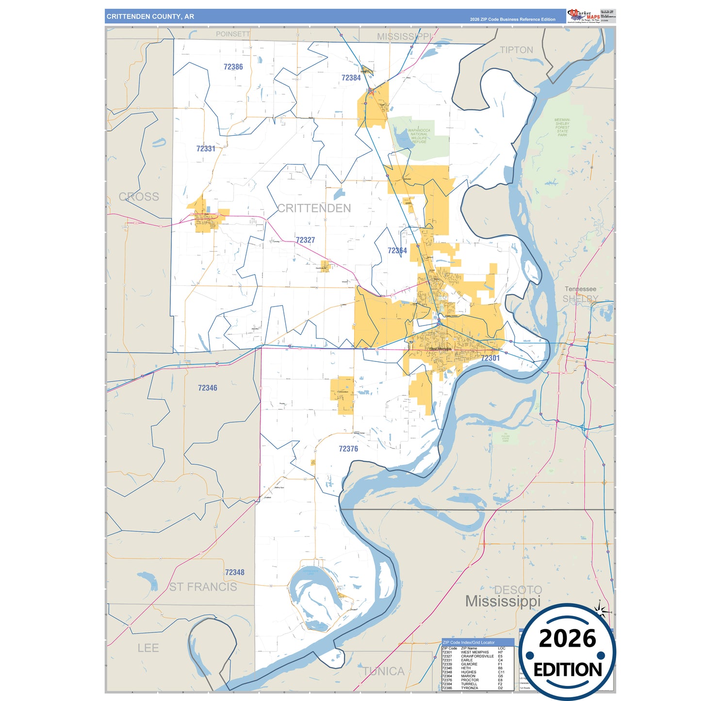 Crittenden County, AR Business Reference 5 Digit ZIP Code Wall Map