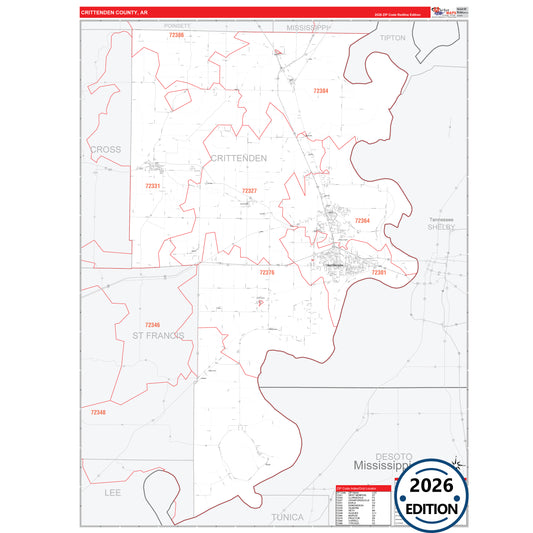 Crittenden County, AR Red Line 5 Digit ZIP Code Wall Map