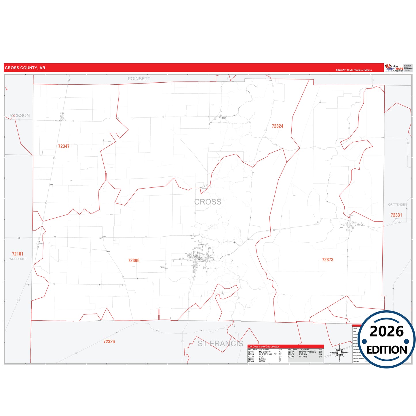 Cross County, AR Red Line 5 Digit ZIP Code Wall Map