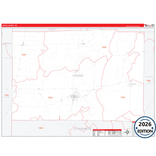 Cross County, AR Red Line 5 Digit ZIP Code Wall Map