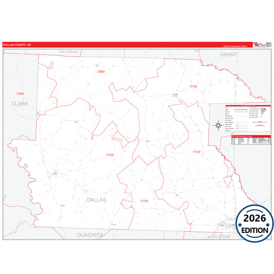 Dallas County, AR Red Line 5 Digit ZIP Code Wall Map