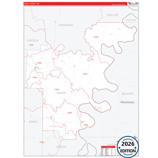 Desha County, AR Red Line 5 Digit ZIP Code Wall Map